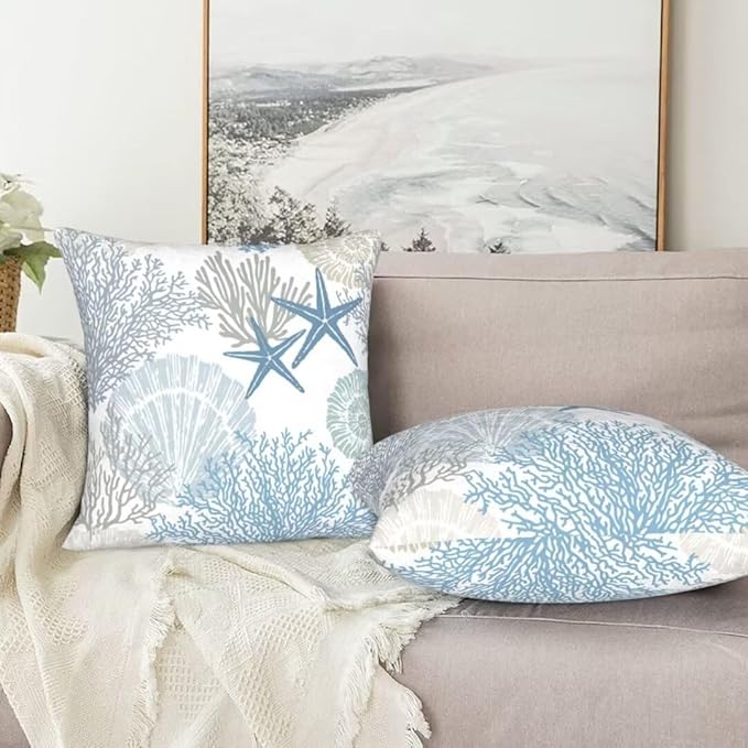 BETGINY Coastal Throw Pillow Cover 22 X 22 Inch Pack of 2, Summer Ocean Themed Pillow Covers Square Cushion Farmhouse Seashell Starfish Beach Pillow Cases for Bedroom Living Room