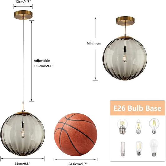KCO Lighting Modern Large Globe Pendant Light Fixture Mid Century Smoke Grey Glass Pendant Light Vintage Hanging Lights Single Gold Globe Chandelier Kitchen Island Lighting (Smoke Gray-9.8”)