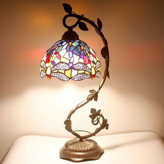 WERFACTORY Tiffany Lamp Stained Glass Table Lamp Blue Yellow Dragonfly Style Desk Light Metal Leaf Base 8X10X21 Inches Decor Small Space Bedroom Home Office S128 Series