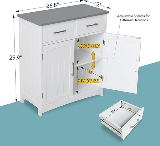 Modern White Buffet Cabinet, 26x30 Inches, 2 Doors, 2 Drawers, Adjustable Shelves, Anti-Fall Drawers, Dining Room Storage