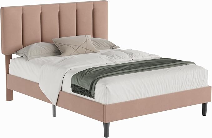 VECELO Full Size Bed Frame with Upholstered Headboard, Heavy-Duty Bedframe with Wooden Slats & Steel Framework, Easy Assembly, Coffee
