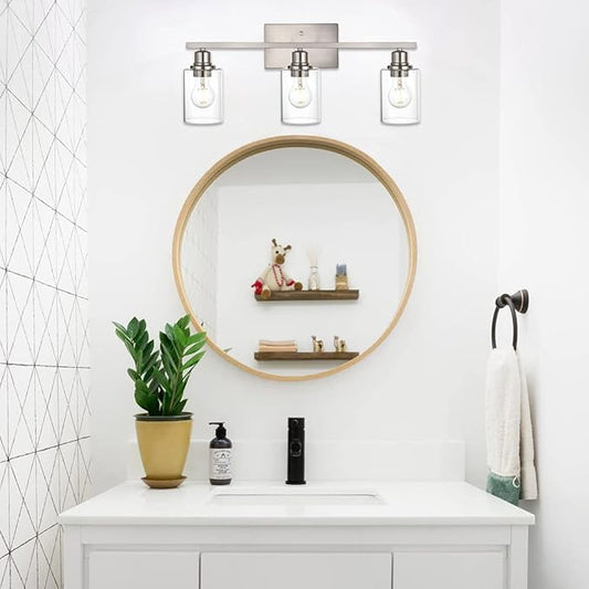 VINLUZ Metal Brushed Nickel 3 Lights Wall Light,Indoor Vanity Light Fixture with Clear Glass Shade Farmhouse Bathroom Lighting Fixtures Over Mirror for Porch Workshop