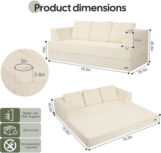 COMAX Futon Sofa Bed Queen, 79" Convertible Sofa Bed Couches for Living Room, 4 in 1 Folding Boneless Sleeper Corduroy Couch Loveseat Foam In a Box, Comfy Foldable Lounge Fold Out Floor Mattress Beige