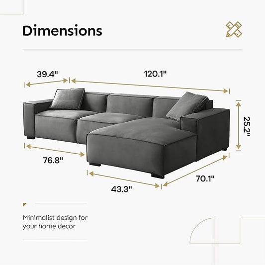 Acanva Modern L-Shaped Deep Sectional Sofa Furniture Set for Living Room Lounge, Minimalist Style Comfy Suedette Upholstery Corner Couch with Chaise, Grey