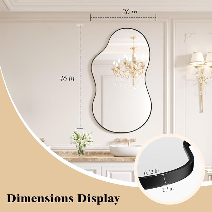 WEER Irregular Wall Mirror, 26x46 inch Black Asymmetrical Wall Mounted Decorative Mirror, Abstract Wavy Aluminum Alloy Frame for Bathroom, Bedroom, Living Room, Entryway