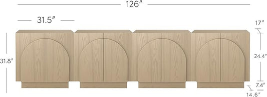 Nathan James Iris Mid-Century Modern Credenza, Light Brown TV Stand, Living Room Wood Storage Cabinet with Arched Cabinet Doors, White Oak, Set of 4
