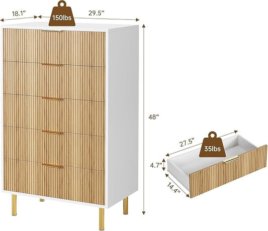 IDEALHOUSE Natural Dresser, Modern 5 Drawer Dresser for Bedroom with Gold Handle and Large Drawer, Wood Double Chest of Drawers and Storage Organizer for Living Room, Hallway, Entryway