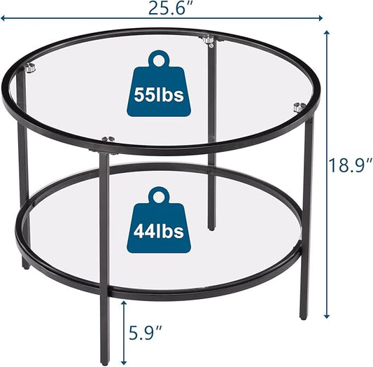 VINGLI 25.6" Round Black Coffee Tables for Living Room, 2-Tier Glass Top Coffee Table with Storage Clear Coffee, Simple & Modern Center Table for Small Space