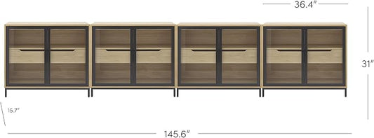 Nathan James Mackenna Metal and Glass Sideboard Accent Cabinet with Two Doors, Oak Credenza for Kitchen or Living Room Set of 4