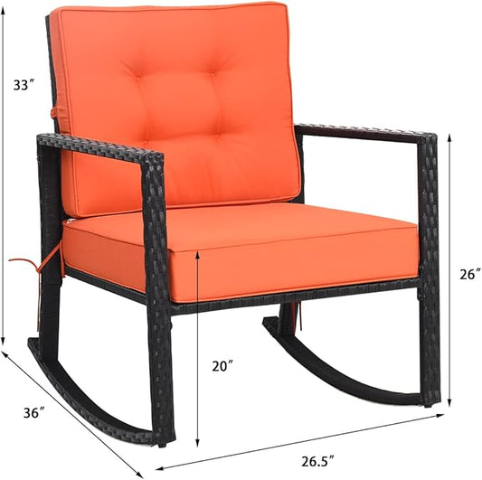 Tangkula Wicker Rocking Chair, Outdoor Rattan Rocker Chair with Heavy-Duty Steel Frame, Patio Furniture Seat with 5” Thick Cushion for Garden, Porch, Backyard, Poolside (1, Orange)