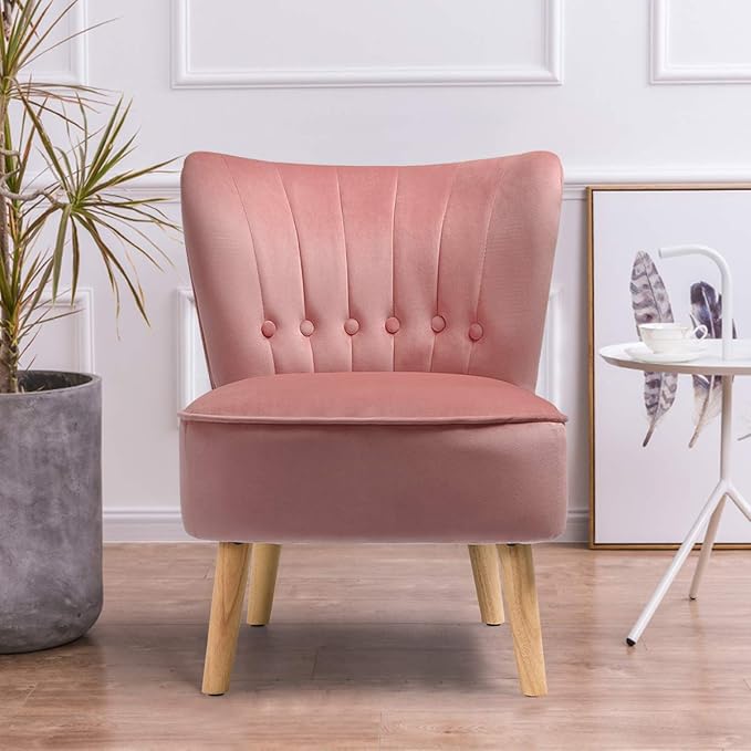 Giantex Modern Velvet Accent Chair, Small Upholstered Leisure Sofa Chair w/Wood Legs, Thickly Padded and Button Tufted, Armless Wingback Club Chairs for Living Room Bedroom Furniture (1, Pink)