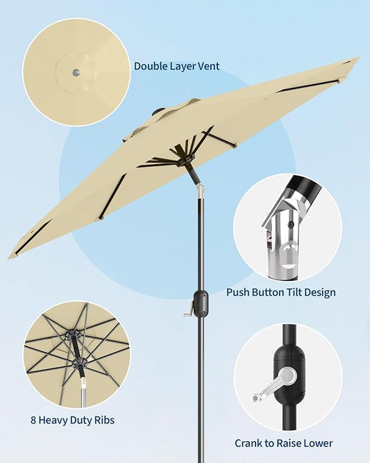 GarveeLife 9 ft Patio Umbrella, Outdoor Table Market Umbrella with Push Button Tilt and Crank, 8 Sturdy Ribs UV Protection Waterproof for Garden, Deck, Backyard, Pool (Beige)