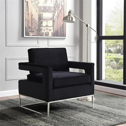 Meridian Furniture Noah Collection Modern | Contemporary Velvet Upholstered Accent Chair with Durable Stainless Steel Base, Black, Chrome Base