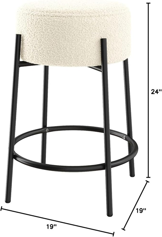 Nathan James Isaac 24" Modern Backless Bar Stool with Round Soft Padded Boucle Seat and Metal Mid-Century Base, Boucle White/Black, Set of 4