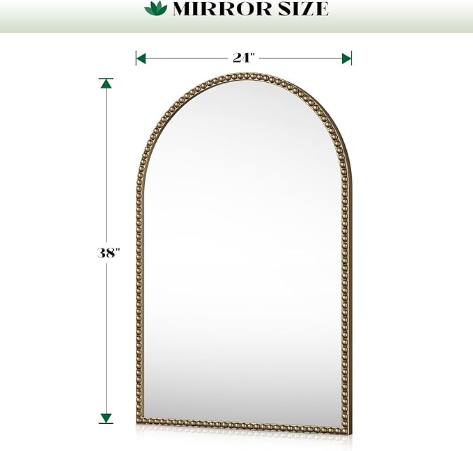Arched Beaded Mirror for Bathroom, 24"x38" Antique Gold Arch Vanity Wall Mirror, Retro Brass Metal Frame Champagne Bronze Mirrors for Bedroom Dressing Room Entryway Fireplace