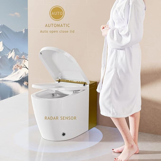 BONSAM Smart Toilet with Auto Open/Close Lid, Modern Tankless Toilet with Bidet Built In, One Piece Toilet with Auto Deodorization, Foot Sensor Operation, Remote Control (White&Gold, White&Gold)