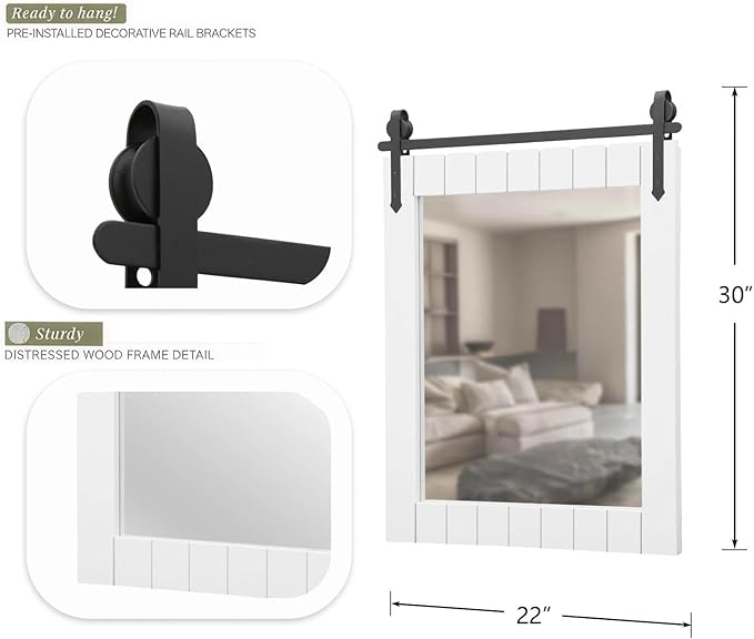 Besdomus Bathroom Farmhouse Wall Mirror: 22"x30" White Barn Door Solid Cedar Wood Frame Vanity Mirror - Wall Mounted Mirror for Bathroom/Living Room/Hallway - Rustic Home Decor for Homemakers