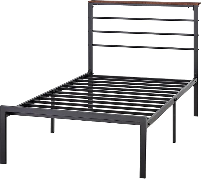 SHA CERLIN Twin Size Bed Frame with Headboard Shelf and Strong Metal Foundation, No Box Spring Needed, Brown