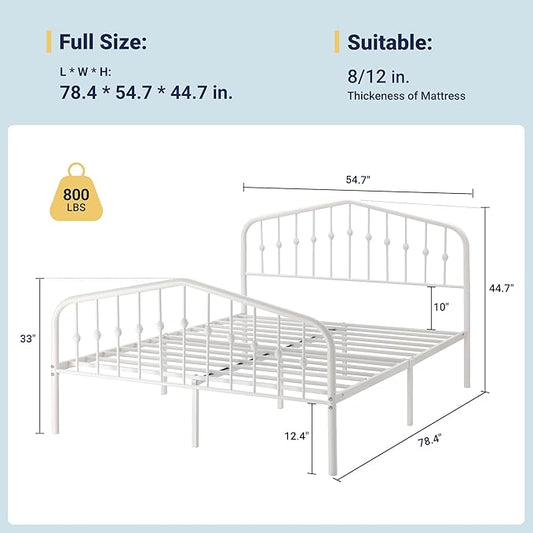 Allewie Full Size Metal Platform Bed Frame with Vintage Headboard and Footboard, No Box Spring Needed, Easy Assembly, White