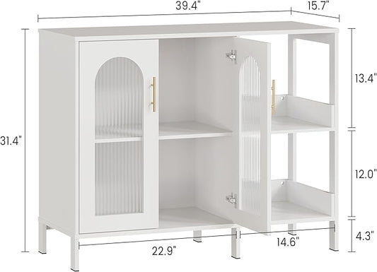 GarveeHome Glass Door Sideboard Cabinet, Modern Storage Buffet with Metal Handles & Adjustable Shelves, Solid Wood Frame Display Cabinet for Living Room, Dining Room, Kitchen, Entryway, White