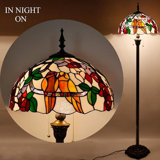 WERFACTORY Tiffany Floor Lamp Double Tropical Birds Stained Glass Standing Reading Light 16X16X64 Inches Antique Pole Corner Lamp Decor Bedroom Living Room Home Office S803 Series