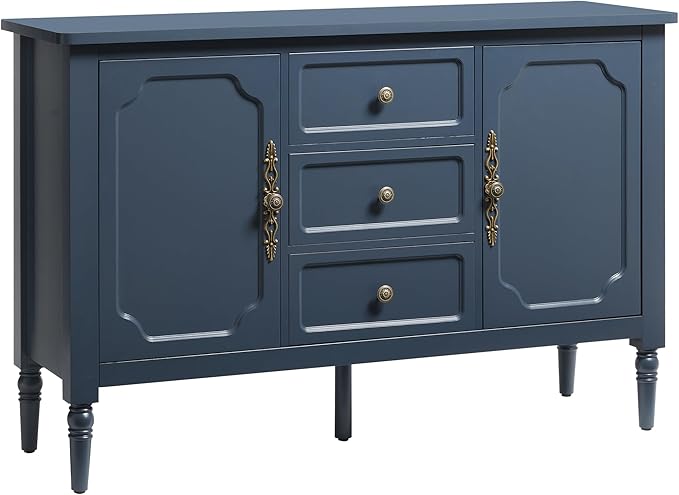 RoyalCraft Buffet Cabinet with 3 Drawers & 2 Doors, Vintage Sideboard with Storage, Mid Century Modern Painted Coffee Bar Table for Entryway, Living Room, Dining Room, Blue