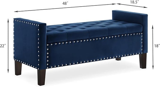 Velvet Storage Ottoman with Armrests, Upholstered Button Tufted Entryway Bench with Nails Trim for Bedroom End of Bed, Living Room,Navy