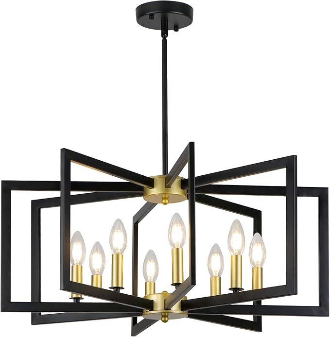 26.6'' Black and Gold Chandelier, 8-Light Geometric Modern Chandelier Lighting, Metal Industrial Large Chandeliers for Dining Room Living Room Entryway Foyer Lighting
