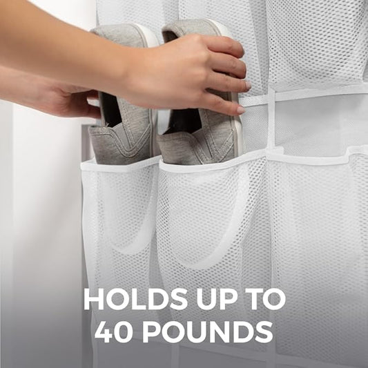 HOME GENIE Over the Door Hanging Shoe Organizer, 24 Breathable Mesh Pockets, Closet Rack Storage Holder, Stay in Place Hooks Hang on Closets, Hanger Holds Up to 40 lbs for Shoes, Accessories, White