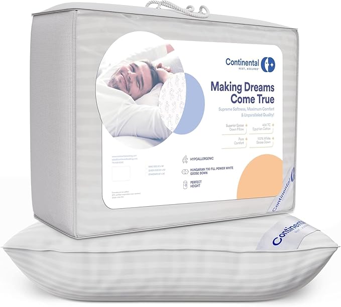 Continental Bedding | Serenity Goose Down Pillow | 700 Fill Power Hungarian White Down | 400TC Cotton Damask Shell | Made in USA | King, Firm with Protector