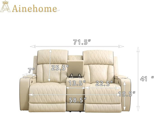 A Ainehome Power Leather Recliner Sofa Set with LED Lights, Recliner Sofa Sectional Couches for Living Room, Reclining Sofa, loveseat, Chair with USB Port/Storage Console/Cup Holder(Khaki,loveseat)