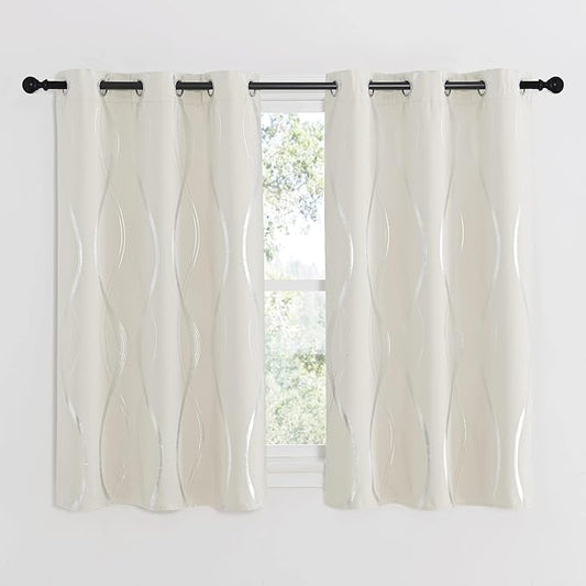 NICETOWN Beige Kitchen Curtains Small Blackout Panels 34 by 54 Inch, Set of 2, Window Treatment Thermal Insulated Solid Grommet Room Darkening Wave Line Foil Print Design Drapes for Cafe, Loft