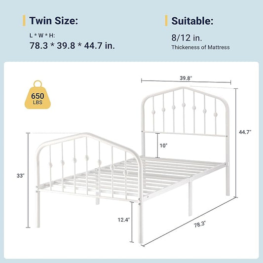 Allewie Twin Size Metal Platform Bed Frame with Vintage Headboard and Footboard, No Box Spring Needed, Easy Assembly, White