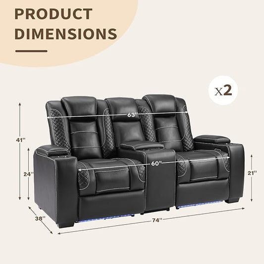 ANJ Power Reclining Loveseat, 2 PCS Reclining Loveseat with Center Console,LED Lights,USB,Storage, Faux Leather Living Room Furniture for Home Theater, Small Spaces & RV (Black)