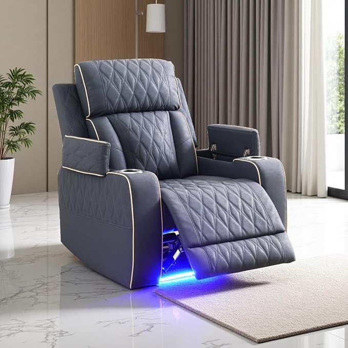 Power Leather Recliner Sofa Chair, Living Room Furniture Sets, Sanded Leather Reclining Couch Chair, Single Recliner with Arm Storage/Cup Holder/Charging Port for Home Theater/Office,Blue Grey