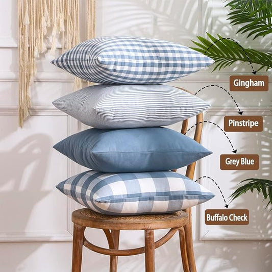 CARRIE HOME Light Blue Pillow Covers Farmhouse Plaid Throw Pillows 18x18 Set of 4 Spring Summer Blue Decorative Pillow Neutral Decor for Couch Sofa and Porch Chair, Gray Blue