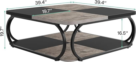 Tribesigns Coffee Table with Open Storage Shelf for Living Room, 39 Inch Large Wood Center Table Square Low Coffee Tables 2 Tier Farmhouse Tea Table with Metal Frame for Home Office, Black Rustic Grey
