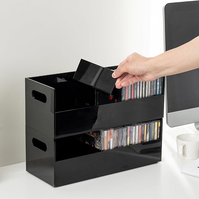 MyGift Modern Premium Black Acrylic Stackable CD Holder Racks with Cutout Carrying Handles, Compact Disc Jewel Case Display Crates, Media Storage Organizers, Set of 2
