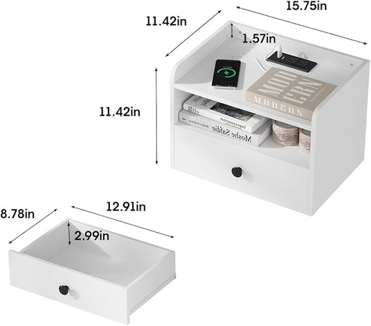 Floating Nightstand Set of 2 Modern Night Stands with Drawer and Open Shelf Cubby Small Bedside End Table with Charging Station Wall Mounted Nightstands Set 2 for Bedroom White