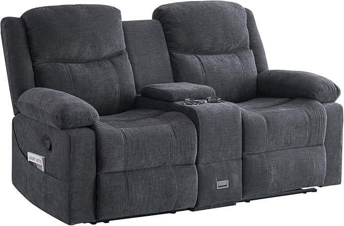Loveseat Recliner Sofa, Manual Recliner Loveseat with Console, Modern Chenille Sofa Sleeper Deep Couches with Cup Holders and Side Pocket for Living Room/Office/Apartment (Grey) | Heating & Massage, Hidden Drawer