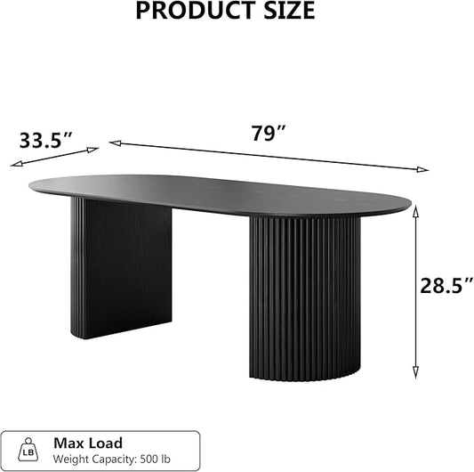 Casaphoria 79" Oval Dining Table, Modern Wood Kitchen Table with Cylinder Stripe Base for Living Room & Dining Room, Easy Assembly Farmhouse Furniture for 6-8, Black