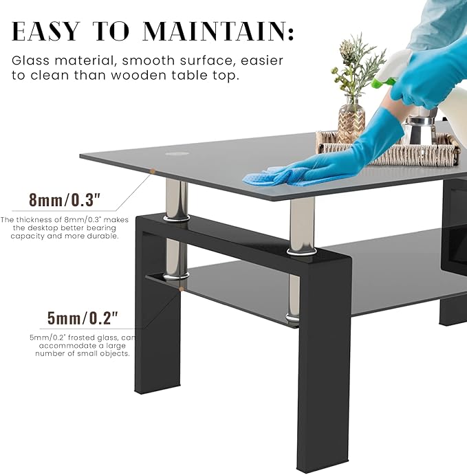 DKLGG Glass Coffee Table, Rectangle Center Table Living Room Tables with Lower Shelf, 2-Tier Modern Black Coffee Table w/Metal Tube Legs, Glass Tables for Living Room Waiting Area, All Black