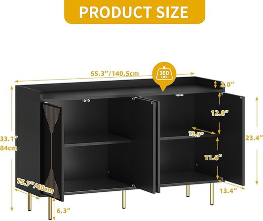 DWVO Modern Kitchen Storage Cabinet with Adjustable Shelves, 55" Sideboard Buffet Cabinet with Storage for Hallway, Kitchen or Living Room, Black