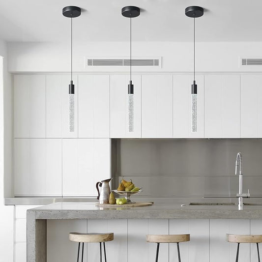 Modern Kitchen Island Pendant Light Dimmable LED Black Finish Mini Crystal Pendant Lighting Bedroom Bedside Table Small Pendant Lights(3-Pack)