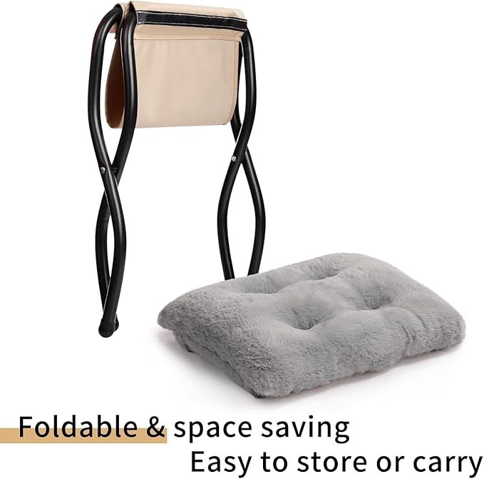 HollyHOME X-Large Saucer Chair with Foldable Ottoman, Comfy Oversized Folding Chair and Folding Footrest Stool Set, Faux-Fur Reading Chair and Footstool for Living Room, Bedroom, Grey Chair&Stool