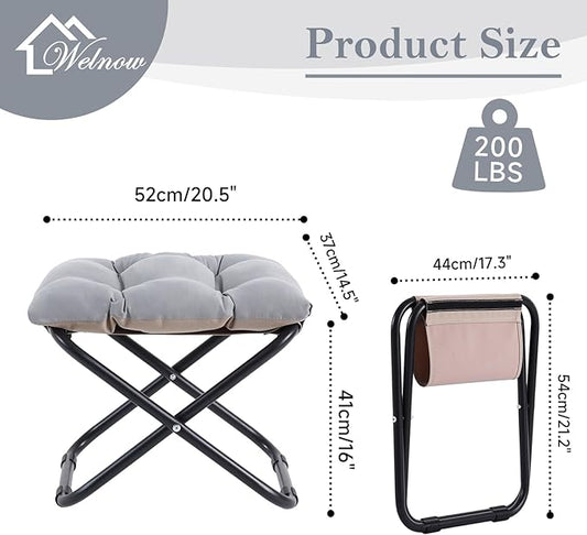 Welnow Folding Foot Stool, Upholstered Small Accent Ottoman with Detachable Thick Cotton Cushion, Padded Sofa Stool with Straight Metal Legs for Lazy Chair, Living Room, Bedroom, Light Grey
