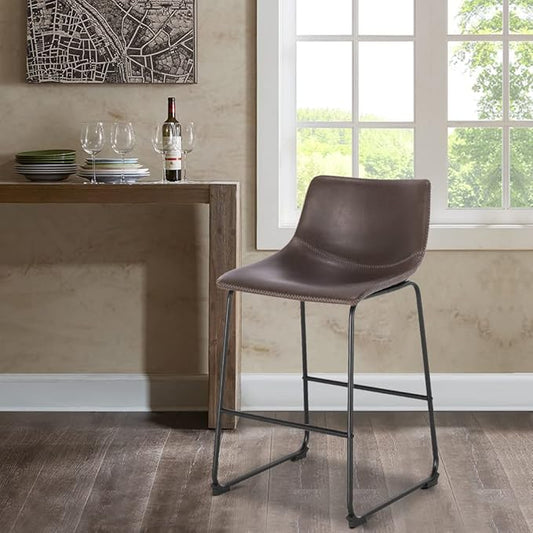 POLY & BARK Brinley Counter Stool Set of 3 – Modern Armless Counter-Height Stools with Gently Curved Backrest and Wood Legs – Brown – Faux Leather Seating for Kitchen Island or Breakfast Bar