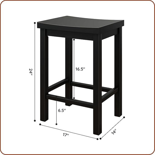 Grain & Grove Smith Collection Set of 2 Solid Wood Counter Height Bar Stools, 24-Inch Saddle Seat Backless Stools, Ideal for Kitchen Island, Dining, or Home Bar Seating, Black