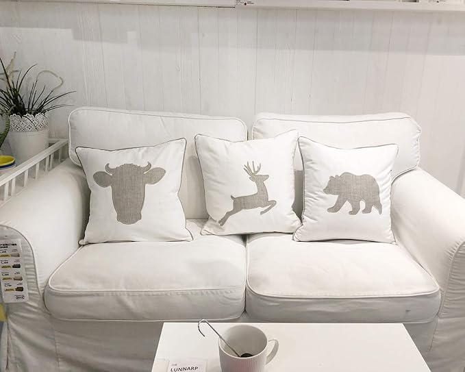 Animal Cotton Throw Pillow Covers Bear Pattren Embroidered 18x18 Inches for Couch Cushions Covers (White) … …