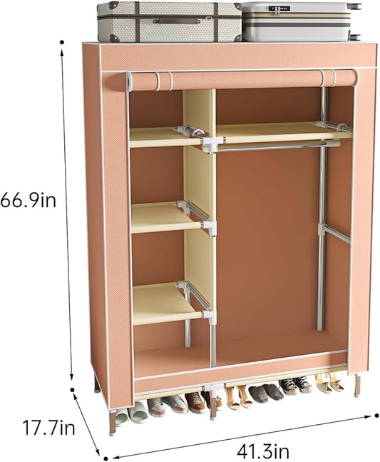 Portable Wardrobe, Simple Wardrobe, with 5 Shelves, Hanging Rod and Non-Woven Fabric Cover, Suitable for Small Spaces.(Pink, 41.3 in)